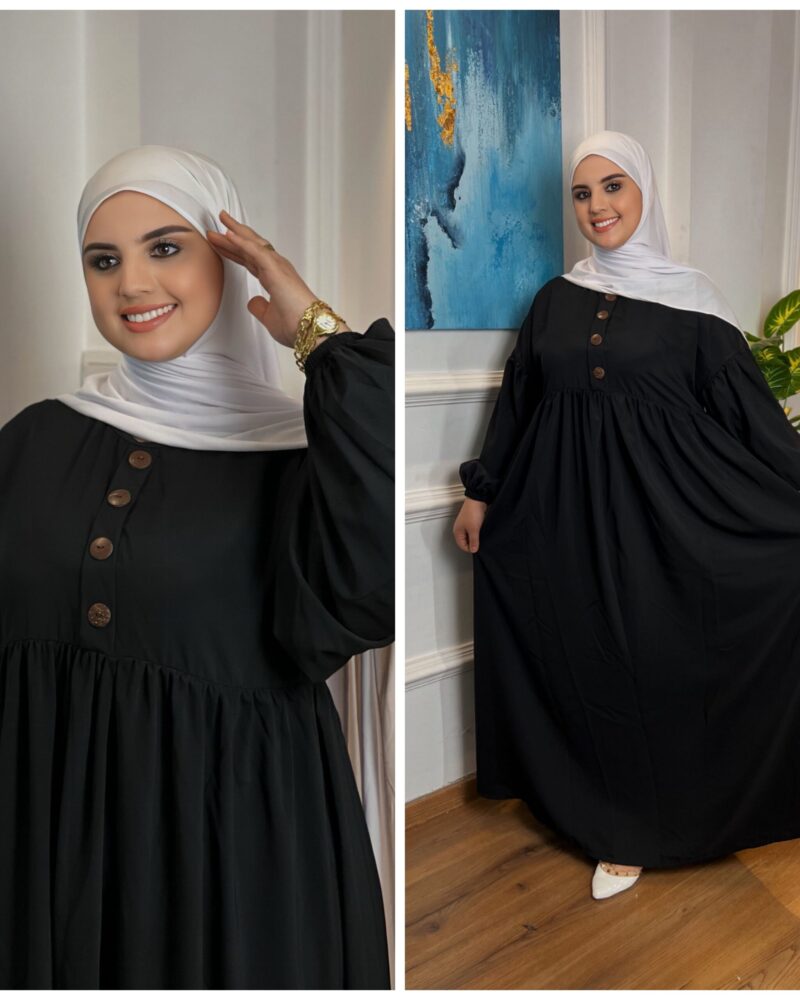 عباية صدفة باللون الأسود بأكمام منفوخة وأزرار أمامية